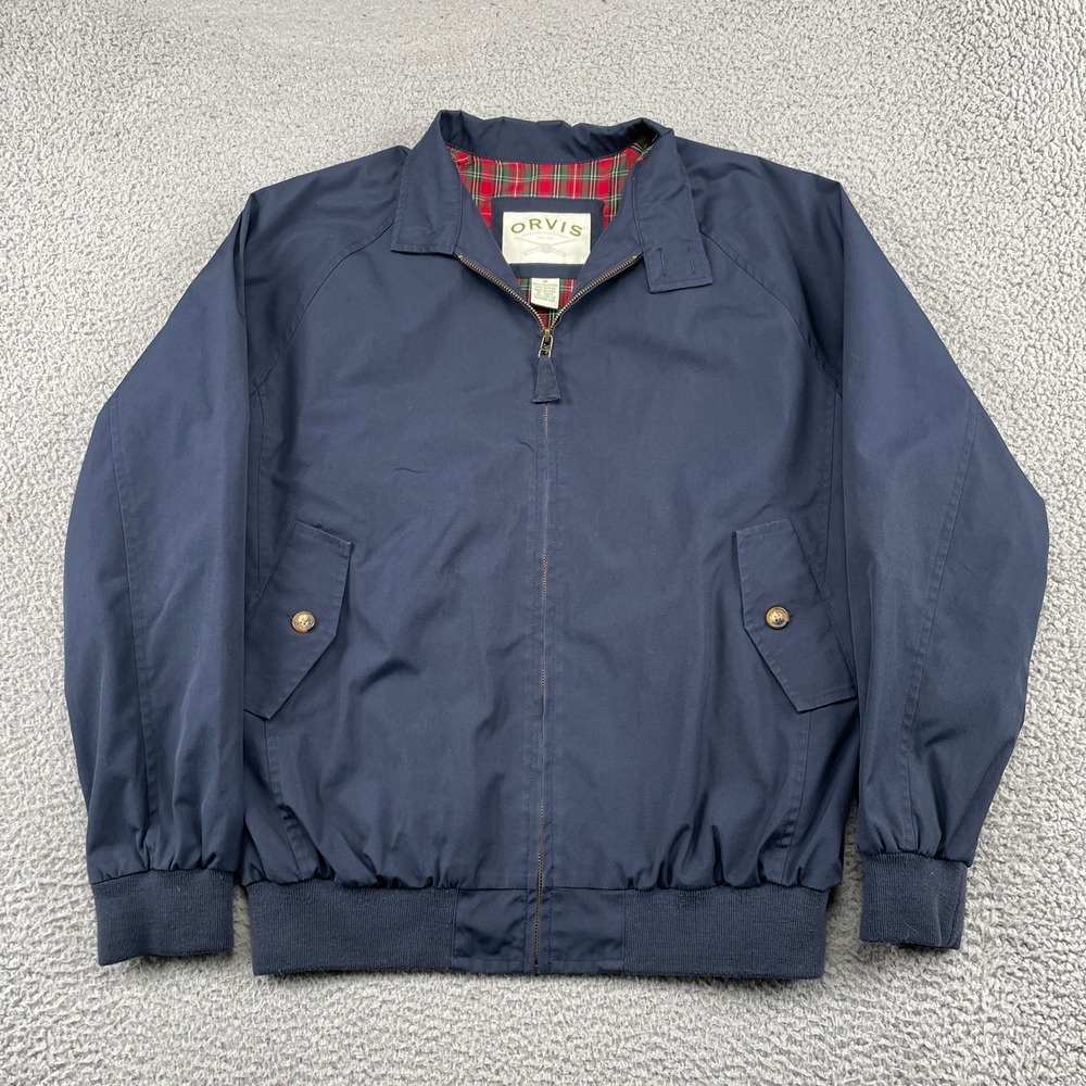 Orvis Jacket Mens Medium Navy Blue Harrington Plaid Lined Full Zip Classic Coat